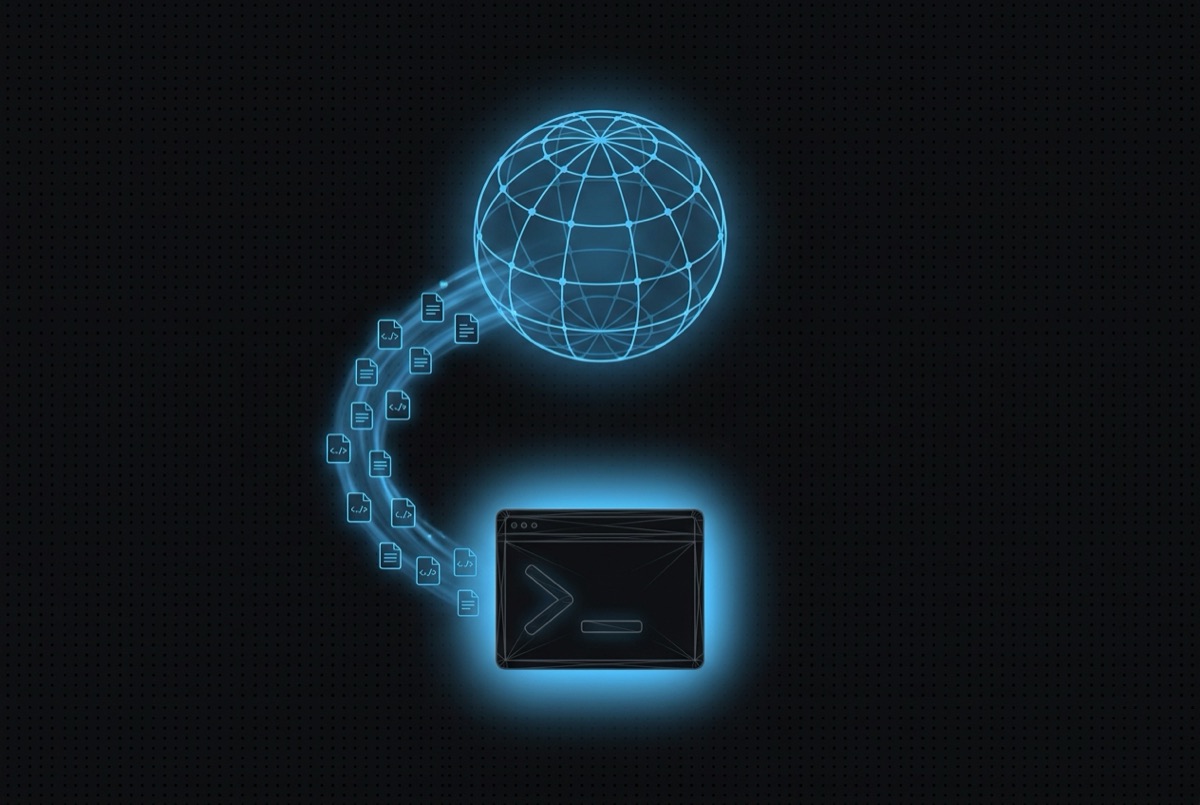 Dark illustration of a terminal window publishing glowing pages into a wireframe globe