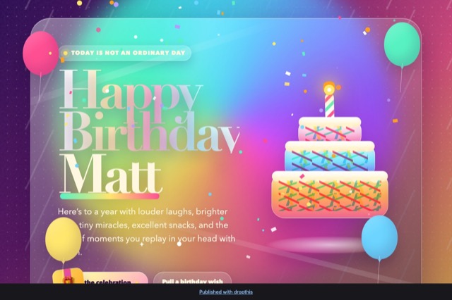 An interactive birthday card with confetti animations and colorful balloons